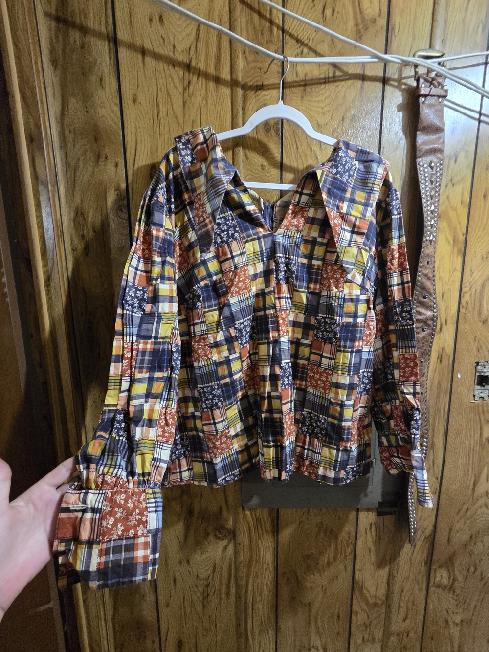 Source Unknown Patchwork Plaid Button-Down Shirt — Navy, Rust, Yellow, Cream